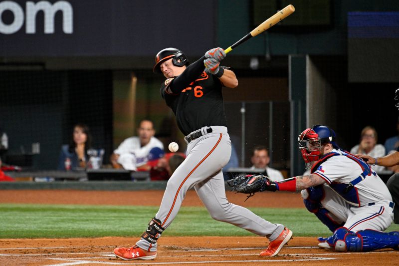 Oct 10, 2023; Arlington, Texas, USA; Baltimore Orioles first baseman Ryan Mountcastle (6) fouls a ball in the first inning against the Texas Rangers during game three of the ALDS for the 2023 MLB playoffs at Globe Life Field. Mandatory Credit: Jerome Miron-USA TODAY Sports