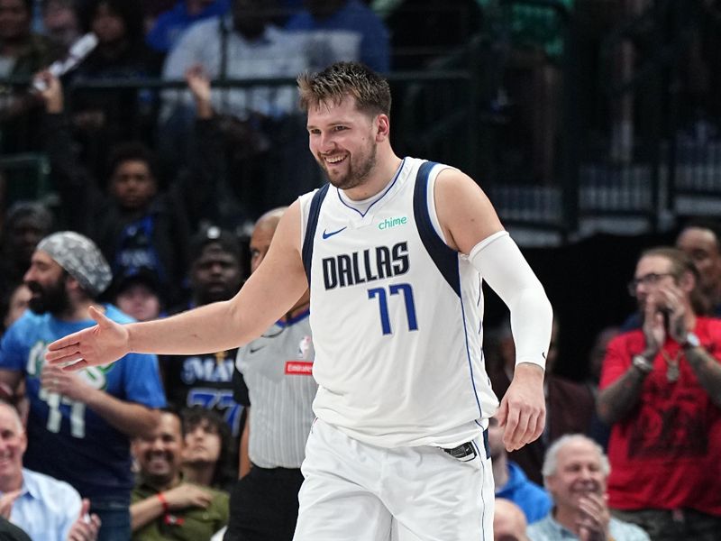 DALLAS, TX - MARCH 13: Luka Doncic #77 of the Dallas Mavericks smiles during the game against the Golden State Warriors on March 13, 2024 at the American Airlines Center in Dallas, Texas. NOTE TO USER: User expressly acknowledges and agrees that, by downloading and or using this photograph, User is consenting to the terms and conditions of the Getty Images License Agreement. Mandatory Copyright Notice: Copyright 2024 NBAE (Photo by Glenn James/NBAE via Getty Images)