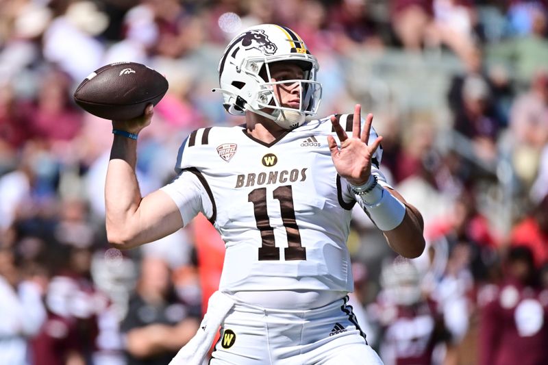 Oct 7, 2023; Starkville, Mississippi, USA; Western Michigan Broncos quarterback Jack Salopek (6) looks to pass against the Mississippi State Bulldogs during the second quarter at Davis Wade Stadium at Scott Field. Mandatory Credit: Matt Bush-USA TODAY Sports