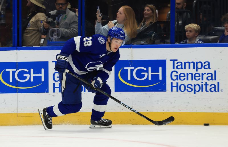 Jan 20, 2026; Tampa, Florida, USA; Tampa Bay Lightning right wing Pontus Holmberg (29) skates with the puck against the San Jose Sharks during the third period at Benchmark International Arena. Mandatory Credit: Kim Klement Neitzel-Imagn Images