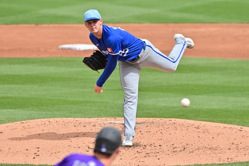 Mar 12, 2024; Salt River Pima-Maricopa, Arizona, USA;  Kansas City Royals pitcher Cole Ragans (55) throws in the second inning against the Colorado Rockies during a spring training game at Salt River Fields at Talking Stick. Mandatory Credit: Matt Kartozian-USA TODAY Sports