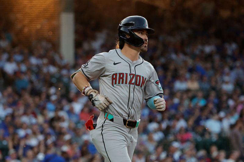 Jul 20, 2024; Chicago, Illinois, USA; Arizona Diamondbacks outfielder Corbin Carroll (7) rounds the bases after hitting a two-run home run against the Chicago Cubs during the fifth inning at Wrigley Field. Mandatory Credit: Kamil Krzaczynski-USA TODAY Sports