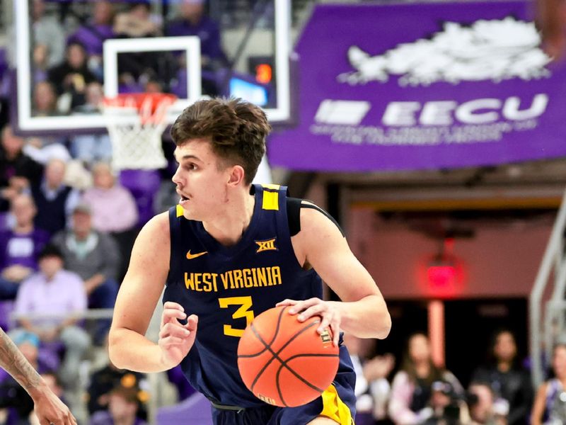 Feb 12, 2024; Fort Worth, Texas, USA; West Virginia Mountaineers guard Kerr Kriisa (3) dribbles  during the second half against the TCU Horned Frogs at Ed and Rae Schollmaier Arena. Mandatory Credit: Kevin Jairaj-USA TODAY Sports