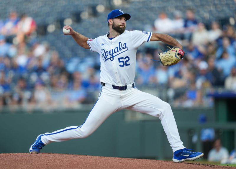 May 20, 2024; Kansas City, Missouri, USA; Kansas City Royals starting pitcher Michael Wacha (52) pitches during the first inning against the Detroit Tigers at Kauffman Stadium. Mandatory Credit: Jay Biggerstaff-USA TODAY Sports