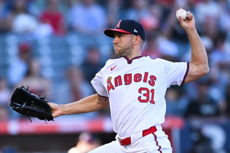 Jul 27, 2024; Anaheim, California, USA; Los Angeles Angels pitcher Tyler Anderson (31) throws a pitch against the Oakland Athletics during the first inning at Angel Stadium. Mandatory Credit: Jonathan Hui-USA TODAY Sports