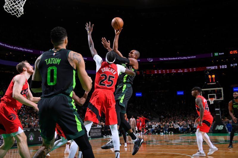 BOSTON, MA - NOVEMBER 16: Al Horford #42 of the Boston Celtics shoots the ball during the game against the Toronto Raptors on November 16, 2024 at TD Garden in Boston, Massachusetts. NOTE TO USER: User expressly acknowledges and agrees that, by downloading and/or using this Photograph, user is consenting to the terms and conditions of the Getty Images License Agreement. Mandatory Copyright Notice: Copyright 2024 NBAE (Photo by Brian Babineau/NBAE via Getty Images)