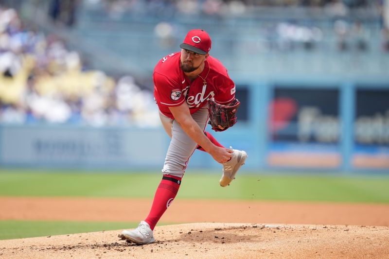 Jul 30, 2023; Los Angeles, California, USA; Cincinnati Reds starting pitcher Graham Ashcraft (51) throws in the first inning against the Los Angeles Dodgers at Dodger Stadium. Mandatory Credit: Kirby Lee-USA TODAY Sports