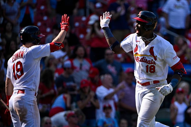 Sep 17, 2023; St. Louis, Missouri, USA;  St. Louis Cardinals right fielder Jordan Walker (18) celebrates with shortstop Tommy Edman (19) after hitting a go-ahead solo home run against the Philadelphia Phillies during the eighth inning at Busch Stadium. Mandatory Credit: Jeff Curry-USA TODAY Sports