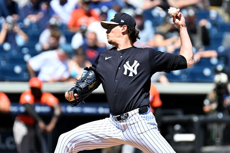 Mar 19, 2026; Tampa, Florida, USA; New York Yankees starting pitcher Max Fried (54) throws a pitch in the first inning against the Baltimore Orioles during spring training at George M. Steinbrenner Field. Mandatory Credit: Jonathan Dyer-Imagn Images
