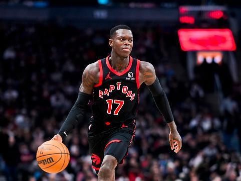 TORONTO, ON - DECEMBER 23: Dennis Schroder #17 of the Toronto Raptors dribbles against the Utah Jazz during the first half of their basketball game at the Scotiabank Arena on December 23, 2023 in Toronto, Ontario, Canada. NOTE TO USER: User expressly acknowledges and agrees that, by downloading and/or using this Photograph, user is consenting to the terms and conditions of the Getty Images License Agreement. (Photo by Mark Blinch/Getty Images)