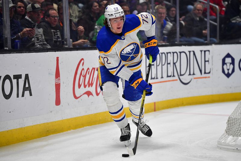 Feb 13, 2023; Los Angeles, California, USA; Buffalo Sabres center Tage Thompson (72) controls the puck against the Los Angeles Kings during the first period at Crypto.com Arena. Mandatory Credit: Gary A. Vasquez-USA TODAY Sports