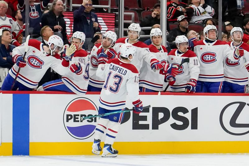 Oct 11, 2025; Chicago, Illinois, USA; Montréal Canadiens right wing Cole Caufield (13) celebrates his goal against the Chicago Blackhawks during the second period at United Center. Mandatory Credit: David Banks-Imagn Images
