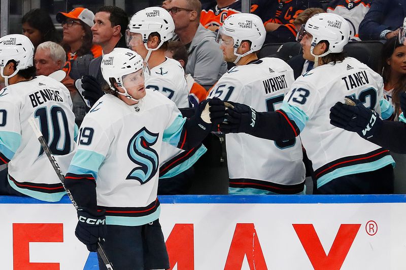 Oct 7, 2022; Edmonton, Alberta, CAN; The Seattle Kraken celebrate a goal by forward Jared McCann (19) against the Edmonton Oilers during the third period at Rogers Place. Mandatory Credit: Perry Nelson-USA TODAY Sports