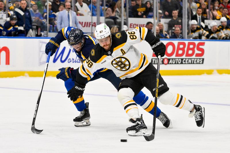 Nov 12, 2024; St. Louis, Missouri, USA;  Boston Bruins right wing David Pastrnak (88) skates against St. Louis Blues defenseman Pierre-Olivier Joseph (77) during the third period at Enterprise Center. Mandatory Credit: Jeff Curry-Imagn Images