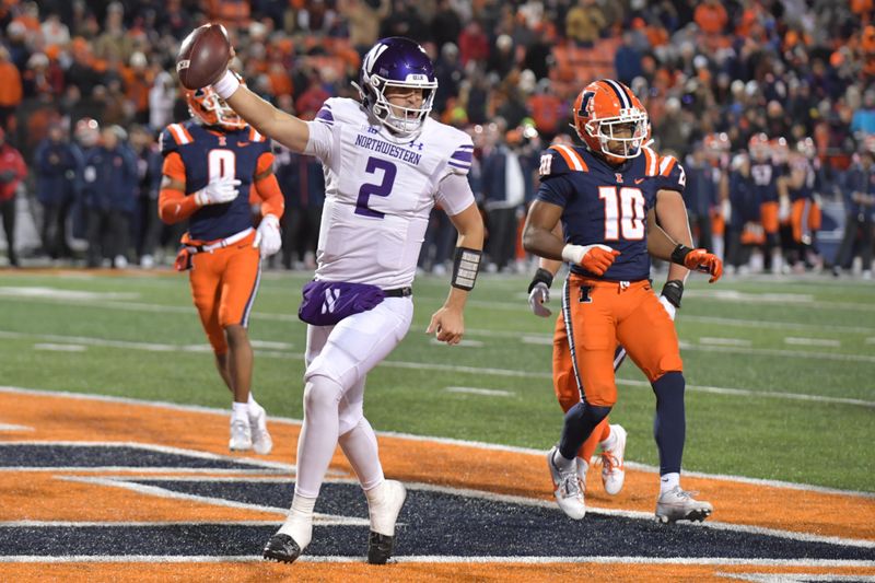 Nov 25, 2023; Champaign, Illinois, USA; Northwestern Wildcats quarterback Ben Bryant (2) scores a touchdown run during the second half against the Illinois Fighting Illini at Memorial Stadium. Mandatory Credit: Ron Johnson-USA TODAY Sports