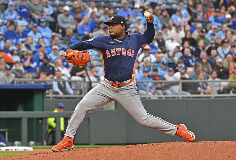 Apr 26, 2025; Kansas City, Missouri, USA;  Houston Astros starting pitcher Framber Valdez (59) throws a pitch in the first inning against the Kansas City Royals at Kauffman Stadium. Mandatory Credit: Peter Aiken-Imagn Images