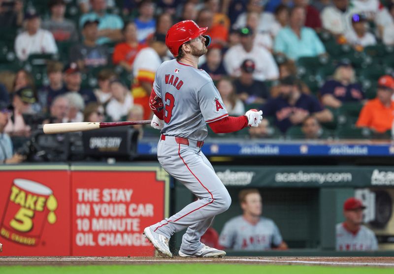 Sep 22, 2024; Houston, Texas, USA; Los Angeles Angels left fielder Taylor Ward (3) hits a single during the first inning against the Houston Astros at Minute Maid Park. Mandatory Credit: Troy Taormina-Imagn Images