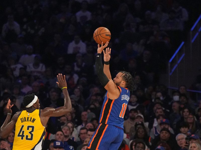 NEW YORK, NY - FEBRUARY 10: Jalen Brunson #11 of the New York Knicks shoots the ball during the game against the Indiana Pacers on February 10, 2024 at Madison Square Garden in New York City, New York.  NOTE TO USER: User expressly acknowledges and agrees that, by downloading and or using this photograph, User is consenting to the terms and conditions of the Getty Images License Agreement. Mandatory Copyright Notice: Copyright 2024 NBAE  (Photo by Jesse D. Garrabrant/NBAE via Getty Images)