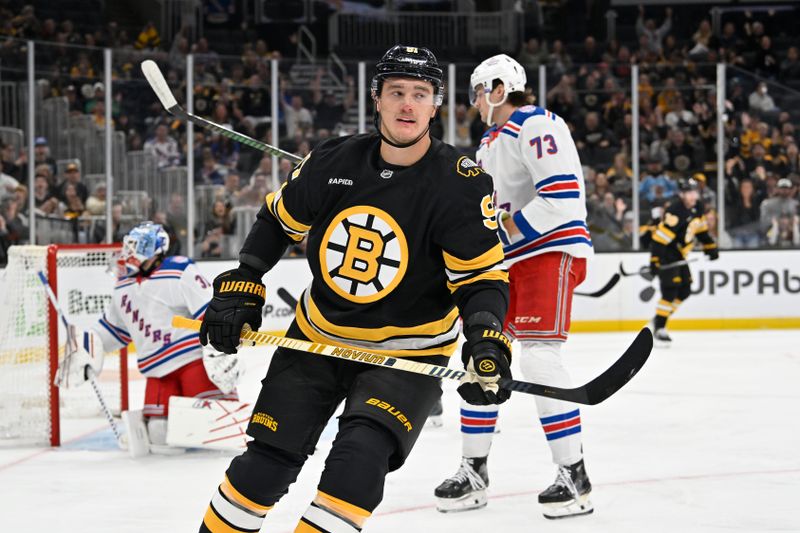 Oct 4, 2025; Boston, Massachusetts, USA; Boston Bruins defenseman Nikita Zadorov (91) reacts to scoring a goal against New York Rangers goaltender Igor Shesterkin (31) during the first period at TD Garden. Mandatory Credit: Eric Canha-Imagn Images