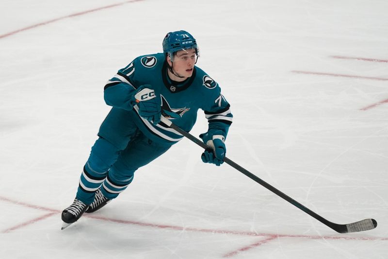 Nov 25, 2024; San Jose, California, USA; San Jose Sharks center Macklin Celebrini (71) waits for the puck against the Los Angeles Kings in the third period at SAP Center at San Jose. Mandatory Credit: David Gonzales-Imagn Images