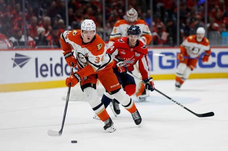 Jan 14, 2025; Washington, District of Columbia, USA; Anaheim Ducks defenseman Pavel Mintyukov (34) skates with the puck as Washington Capitals center Connor McMichael (24) chases in the first period at Capital One Arena. Mandatory Credit: Geoff Burke-Imagn Images