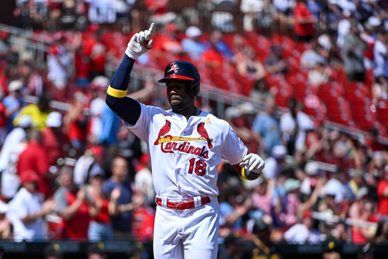 Sep 3, 2023; St. Louis, Missouri, USA;  St. Louis Cardinals right fielder Jordan Walker (18) reacts after hitting a solo home run against the Pittsburgh Pirates during the third inning at Busch Stadium. Mandatory Credit: Jeff Curry-USA TODAY Sports