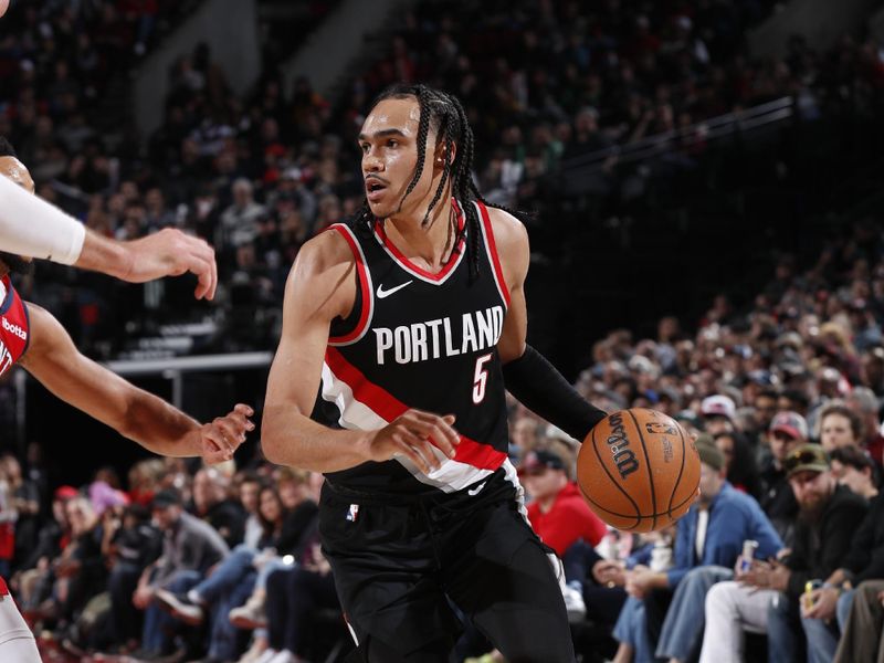 PORTLAND, OR - FEBRUARY 10: Dalano Banton #5 of the Portland Trail Blazers dribbles the ball during the game against the New Orleans Pelicans on February 10, 2024 at the Moda Center Arena in Portland, Oregon. NOTE TO USER: User expressly acknowledges and agrees that, by downloading and or using this photograph, user is consenting to the terms and conditions of the Getty Images License Agreement. Mandatory Copyright Notice: Copyright 2024 NBAE (Photo by Cameron Browne/NBAE via Getty Images)