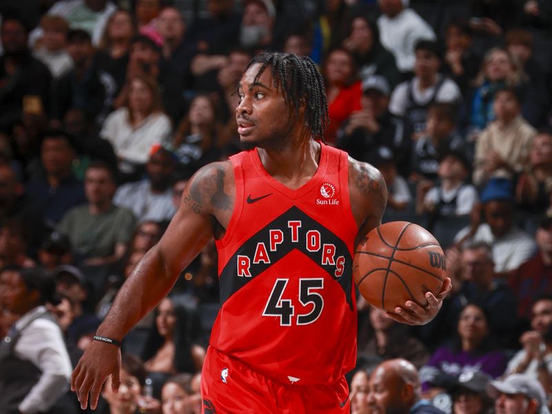 BROOKLYN, NY - OCTOBER 18: Davion Mitchell #45 of the Toronto Raptors dribbles the ball during the game on October 18, 2024 at Barclays Center in Brooklyn, New York. NOTE TO USER: User expressly acknowledges and agrees that, by downloading and or using this Photograph, user is consenting to the terms and conditions of the Getty Images License Agreement. Mandatory Copyright Notice: Copyright 2024 NBAE (Photo by Nathaniel S. Butler/NBAE via Getty Images)