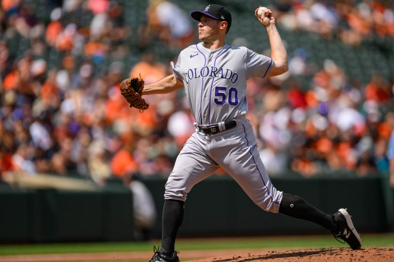 Aug 27, 2023; Baltimore, Maryland, USA; Colorado Rockies starting pitcher Ty Blach (50) throws a pitch during the first inning against the Baltimore Orioles at Oriole Park at Camden Yards. Mandatory Credit: Reggie Hildred-USA TODAY Sports