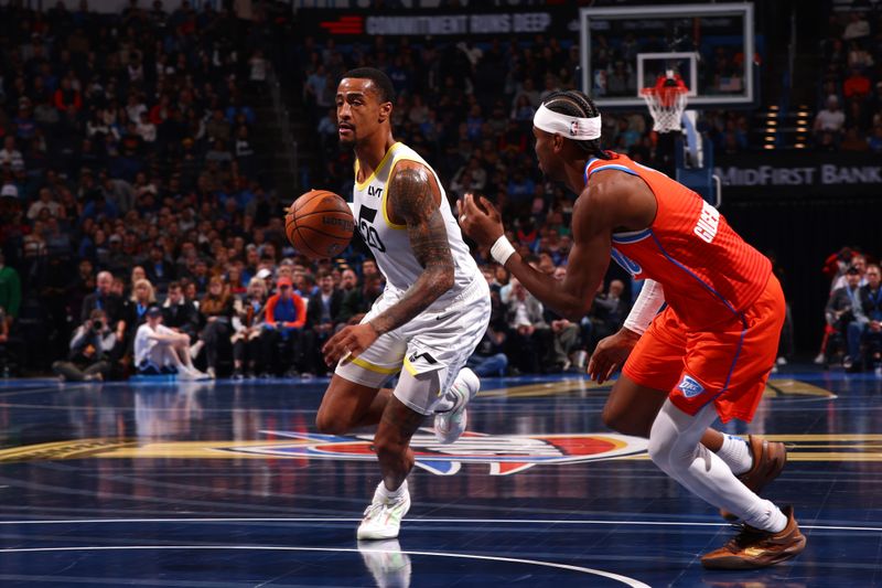 OKLAHOMA CITY, OK - DECEMBER 3: John Collins #20 of the Utah Jazz drives to the basket during the game against the Oklahoma City Thunder during the Emirates NBA Cup game on on December 3, 2024 at Paycom Center in Oklahoma City, Oklahoma. NOTE TO USER: User expressly acknowledges and agrees that, by downloading and or using this photograph, User is consenting to the terms and conditions of the Getty Images License Agreement. Mandatory Copyright Notice: Copyright 2024 NBAE (Photo by Zach Beeker/NBAE via Getty Images)