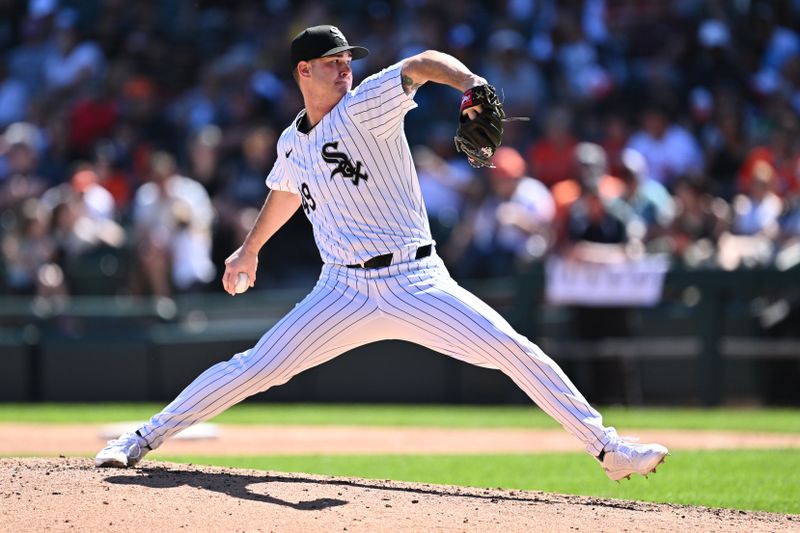 May 25, 2024; Chicago, Illinois, USA;  Chicago White Sox pitcher Jordan Leasure (49) pitches in the eighth inning against the Baltimore Orioles at Guaranteed Rate Field. Mandatory Credit: Jamie Sabau-USA TODAY Sports