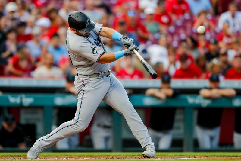 Aug 8, 2023; Cincinnati, Ohio, USA; Miami Marlins third baseman Jake Burger (36) hits a double against the Cincinnati Reds in the second inning at Great American Ball Park. Mandatory Credit: Katie Stratman-USA TODAY Sports