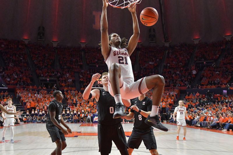 Feb 15, 2025; Champaign, Illinois, USA;  Illinois Fighting Illini forward Morez Johnson Jr. (21) dunks the ball during the second half at State Farm Center. Mandatory Credit: Ron Johnson-Imagn Images