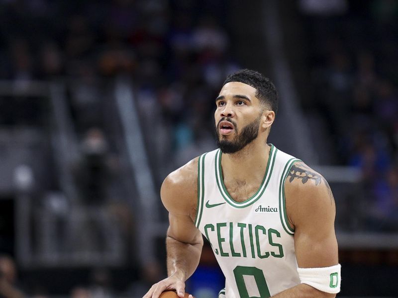 DETROIT, MICHIGAN - OCTOBER 26: Jayson Tatum #0 of the Boston Celtics looks to shoot a 3-pointer in the first quarter of a game against the Detroit Pistons at Little Caesars Arena on October 26, 2024 in Detroit, Michigan. NOTE TO USER: User expressly acknowledges and agrees that, by downloading and or using this photograph, User is consenting to the terms and conditions of the Getty Images License Agreement. (Photo by Mike Mulholland/Getty Images)