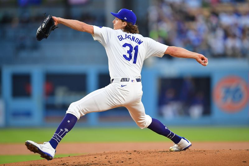 May 22, 2024; Los Angeles, California, USA; Los Angeles Dodgers pitcher Tyler Glasnow (31) throws against the Arizona Diamondbacks during the second inning at Dodger Stadium. Mandatory Credit: Gary A. Vasquez-USA TODAY Sports