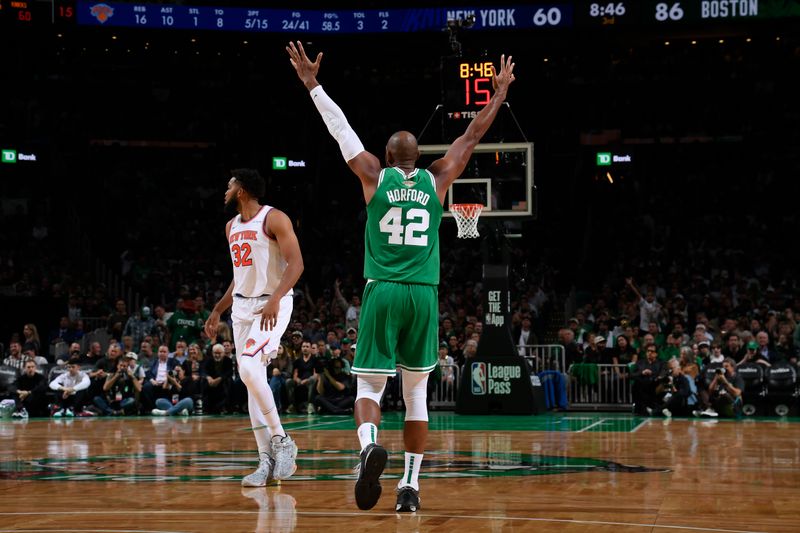 BOSTON, MA - OCTOBER 22: Al Horford #42 of the Boston Celtics celebrates during the game against the New York Knicks on October 22, 2024 at TD Garden in Boston, Massachusetts. NOTE TO USER: User expressly acknowledges and agrees that, by downloading and/or using this Photograph, user is consenting to the terms and conditions of the Getty Images License Agreement. Mandatory Copyright Notice: Copyright 2024 NBAE (Photo by Brian Babineau/NBAE via Getty Images)