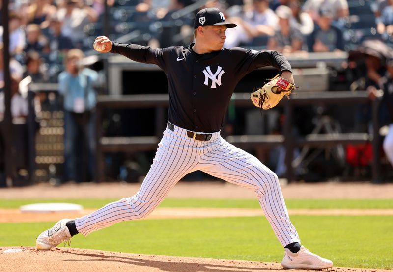 Mar 11, 2024; Tampa, Florida, USA;  New York Yankees pitcher Will Warren (98) throws a pitch during the first inning at George M. Steinbrenner Field. Mandatory Credit: Kim Klement Neitzel-USA TODAY Sports