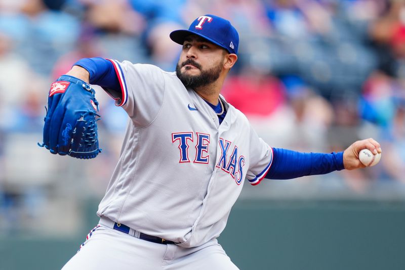 Apr 19, 2023; Kansas City, Missouri, USA; Texas Rangers starting pitcher Martin Perez (54) pitches during the first inning against the Kansas City Royals at Kauffman Stadium. Mandatory Credit: Jay Biggerstaff-USA TODAY Sports