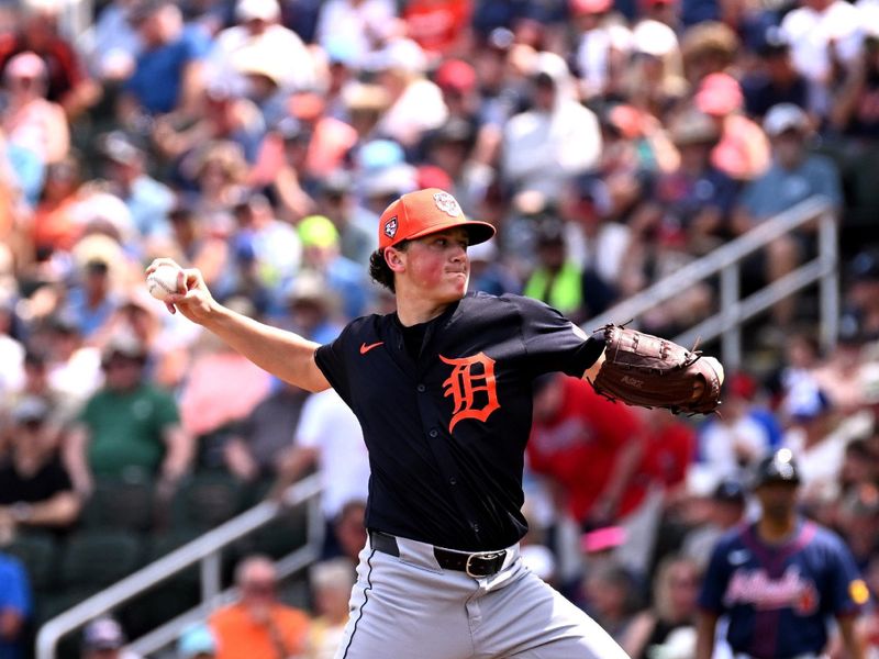 Mar 5, 2024; North Port, Florida, USA; Detroit Tigers pitcher Reese Olson (40) throws a pitch in the first inning of the spring training game against the Atlanta Braves at CoolToday Park. Mandatory Credit: Jonathan Dyer-USA TODAY Sports