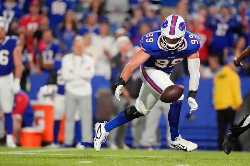 Buffalo Bills defensive end Casey Toohill (99) recovers a fumble by Jacksonville Jaguars quarterback Mac Jones during the second half of an NFL football game Monday, Sept. 23, 2024, in Orchard Park, NY. (AP Photo/Steven Senne)