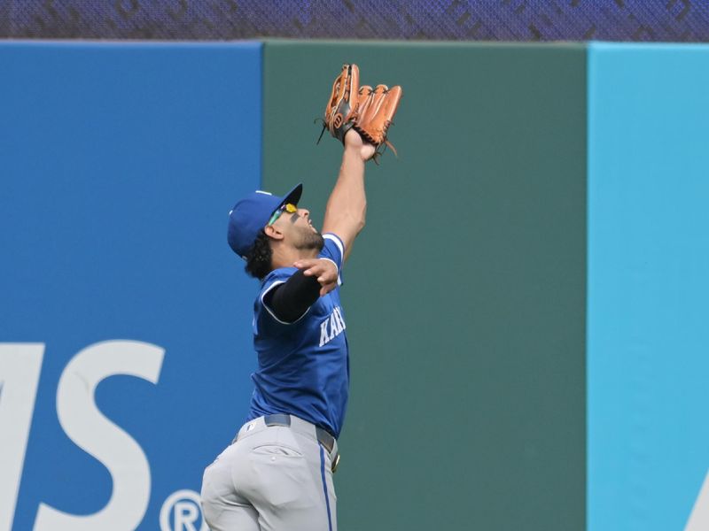 Aug 28, 2024; Cleveland, Ohio, USA; Kansas City Royals left fielder MJ Melendez (1) can not catch a ball hit by Cleveland Guardians designated hitter David Fry (not pictured) during the first inning at Progressive Field. Mandatory Credit: Ken Blaze-USA TODAY Sports