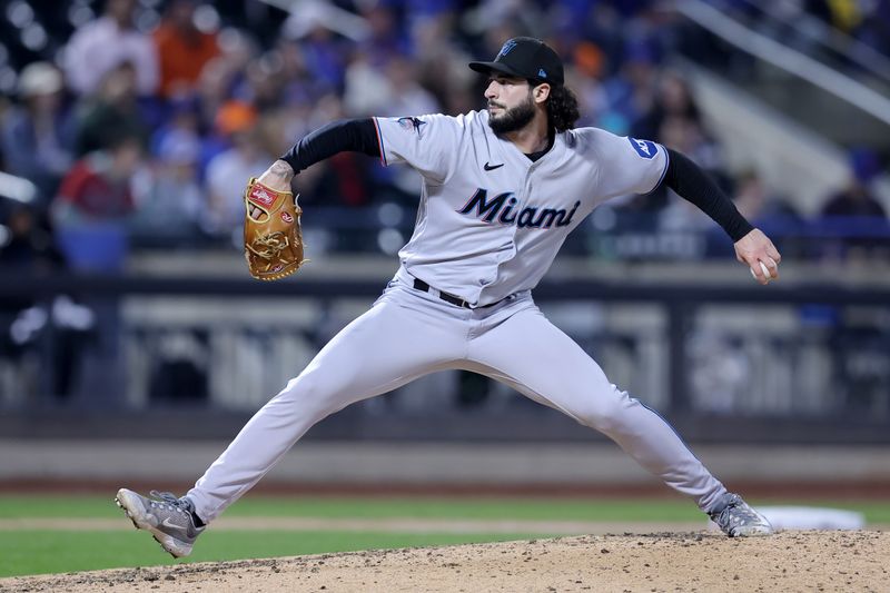 Sep 28, 2023; New York City, New York, USA; Miami Marlins relief pitcher Andrew Nardi (43) pitches against the New York Mets during the eighth inning at Citi Field. Mandatory Credit: Brad Penner-USA TODAY Sports