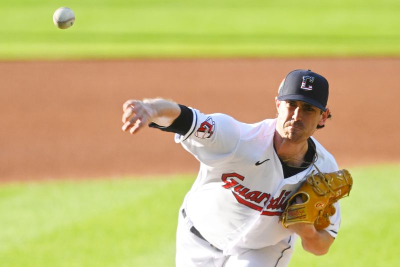 Jul 4, 2023; Cleveland, Ohio, USA; Cleveland Guardians starting pitcher Shane Bieber (57) delivers a pitch in the first inning against the Atlanta Braves at Progressive Field. Mandatory Credit: David Richard-USA TODAY Sports