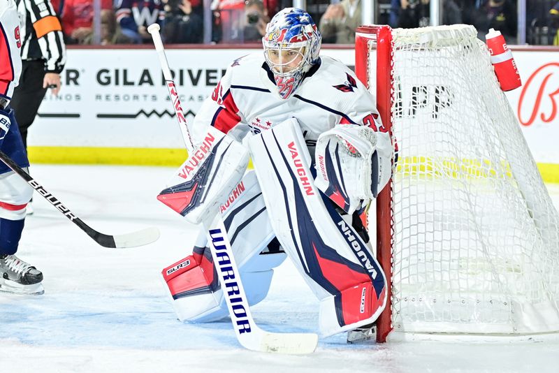 Jan 19, 2023; Tempe, Arizona, USA; Washington Capitals goaltender Darcy Kuemper (35) defends in the second period against the Arizona Coyotes at Mullett Arena. Mandatory Credit: Matt Kartozian-USA TODAY Sports