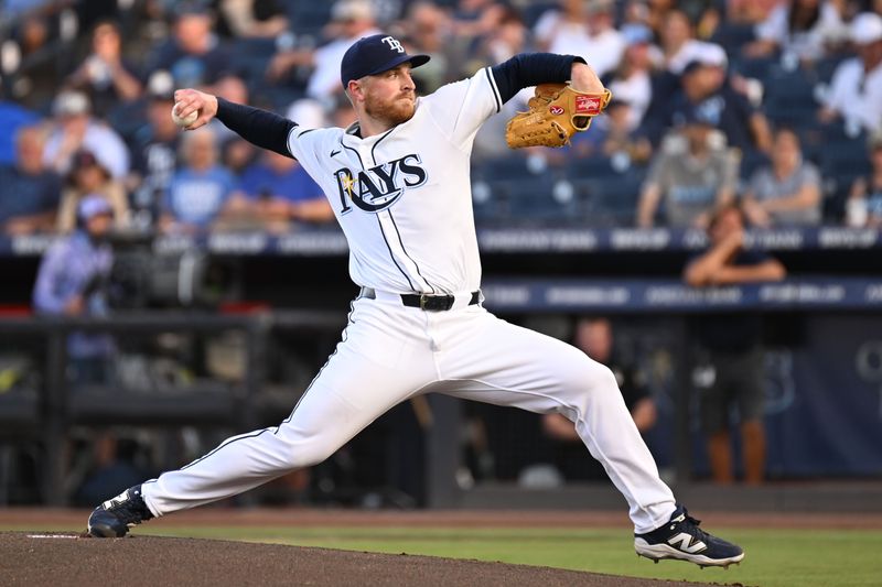 Apr 30, 2025; St. Petersburg, Florida, USA; Tampa Bay Rays starting pitcher Drew Rasmussen (57) throws a pitch in the first inning against the Kansas City Royals at George M. Steinbrenner Field. Mandatory Credit: Jonathan Dyer-Imagn Images