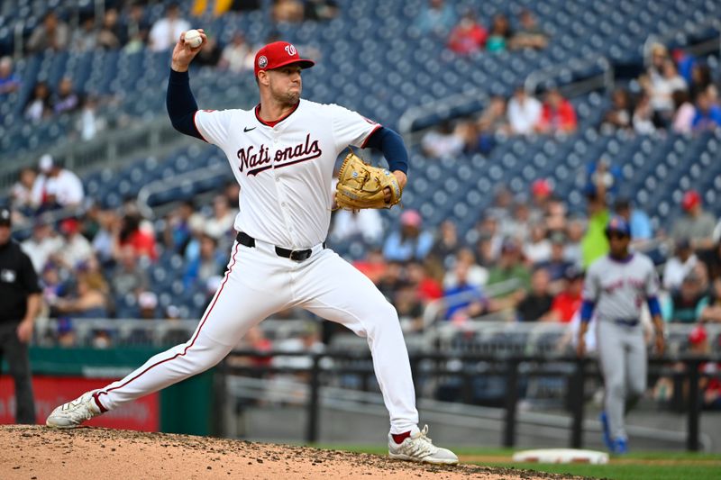 Aug 21, 2025; Washington, District of Columbia, USA; Washington Nationals relief pitcher Jackson Rutledge (79) throws to the New York Mets during the fifth inning at Nationals Park. Mandatory Credit: Brad Mills-Imagn Images