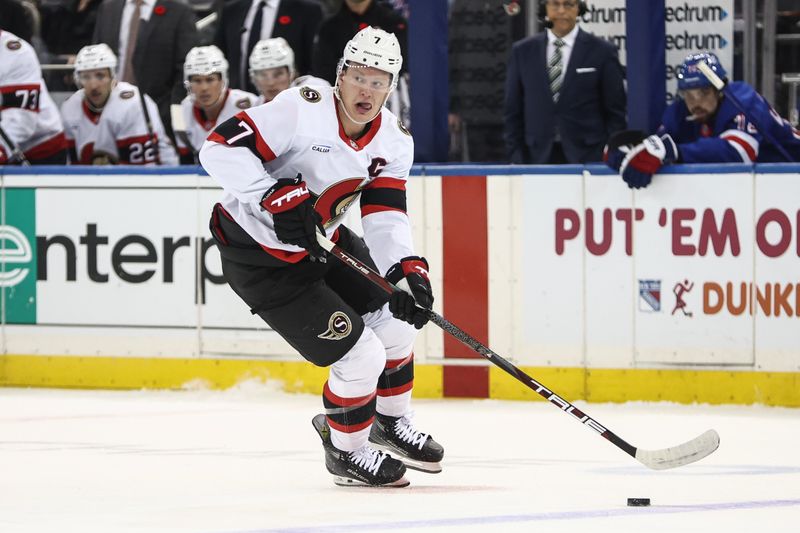 Nov 1, 2024; New York, New York, USA;  Ottawa Senators left wing Brady Tkachuk (7) looks to make a pass in the first period against the New York Rangers at Madison Square Garden. Mandatory Credit: Wendell Cruz-Imagn Images