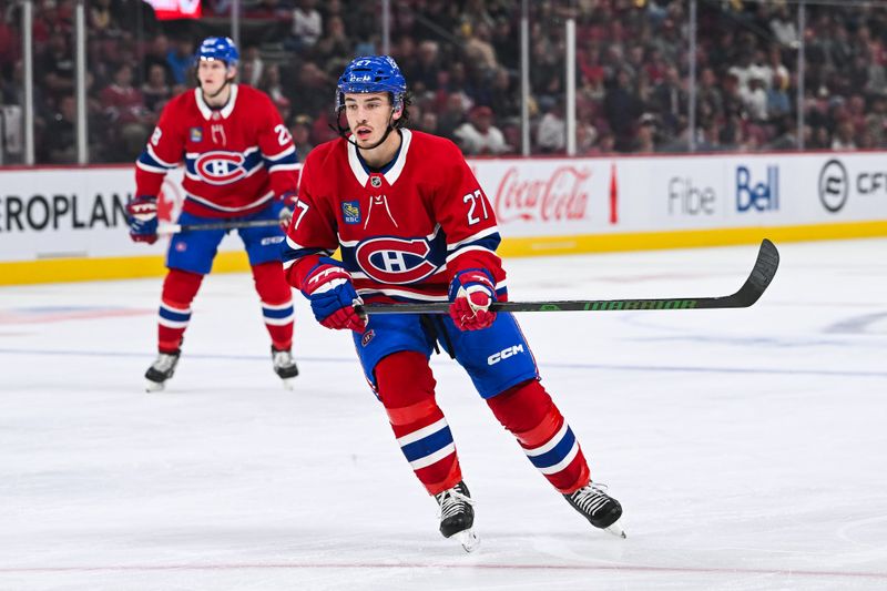 Oct 1, 2024; Montreal, Quebec, CAN; Montreal Canadiens center Alex Barre-Boulet (27) tracks the play against the Ottawa Senators during the second period at Bell Centre. Mandatory Credit: David Kirouac-Imagn Images