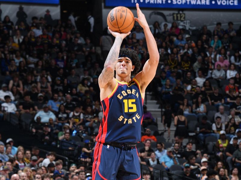 SAN ANTONIO, TX - MARCH 30: Gui Santos #15 of the Golden State Warriors shoots a three point basket during the game against the San Antonio Spurs on March 30, 2025 at the Frost Bank Center in San Antonio, Texas. NOTE TO USER: User expressly acknowledges and agrees that, by downloading and or using this photograph, user is consenting to the terms and conditions of the Getty Images License Agreement. Mandatory Copyright Notice: Copyright 2025 NBAE (Photos by Michael Gonzales/NBAE via Getty Images)