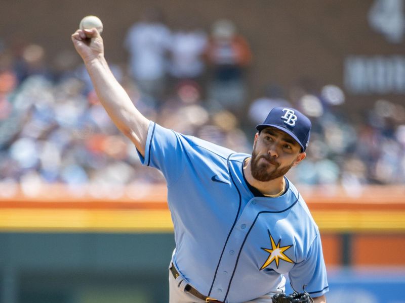 Aug 5, 2023; Detroit, Michigan, USA; Tampa Bay Rays Starting pitcher Aaron Civale (34) delivers in the first inning against the Detroit Tigers at Comerica Park. Mandatory Credit: David Reginek-USA TODAY Sports